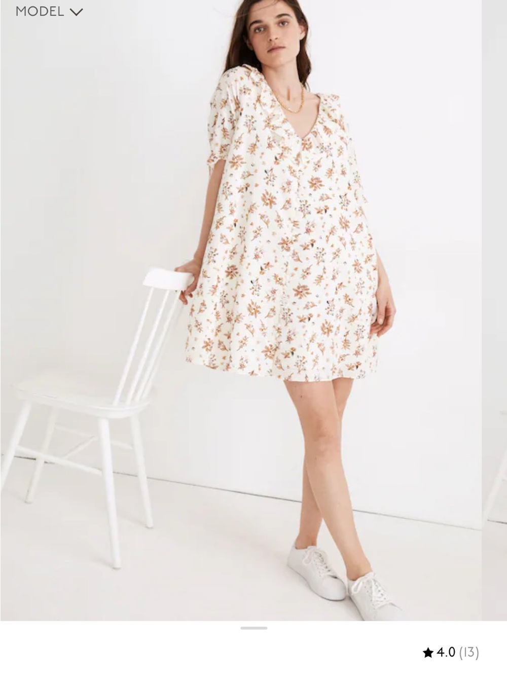 Madewell White Floral V-Neck Short Sleeve Swing Dress